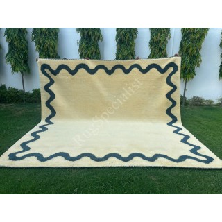 Modern Hand-Knotted 100% Wool Wavy Border Area Rug in Ivory