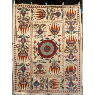 Silk Embroidered Wall Hanging. Beige Suzani Tablecloth. Antique Design Bed Cover. Uzbek Tapestry Silk Embroidered Wall Hanging. Beige Suzani Tablecloth. Antique Design Bed Cover. Uzbek Tapestry