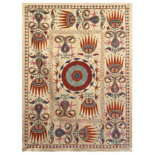 Silk Embroidered Wall Hanging. Beige Suzani Tablecloth. Antique Design Bed Cover. Uzbek Tapestry
