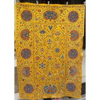 Silk Embroidered Floral Wall Hanging. Yellow Suzani Tablecloth. Traditional Bed Cover. Uzbek Throw Silk Embroidered Floral Wall Hanging. Yellow Suzani Tablecloth. Traditional Bed Cover. Uzbek Throw