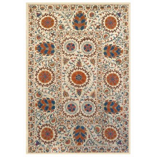 Silk Embroidered Beige Wall Hanging. Suzani Bedspread. Beige Table Cover. Traditional Throw