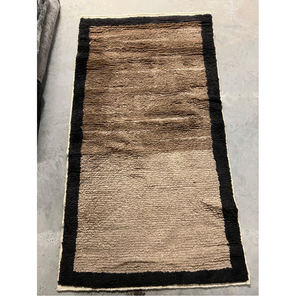 Hand-Knotted Turkish Tulu Rug. 100% Wool Minimalist Border Design. Beige, Brown & Black Colors. Custom Options Available Hand-Knotted Turkish Tulu Rug. 100% Wool Minimalist Border Design. Beige, Brown & Black Colors. Custom Options Available