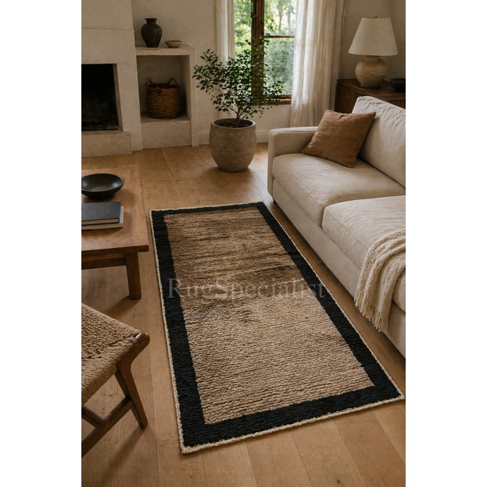 Hand-Knotted Turkish Tulu Rug. 100% Wool Minimalist Border Design. Beige, Brown & Black Colors. Custom Options Available Hand-Knotted Turkish Tulu Rug. 100% Wool Minimalist Border Design. Beige, Brown & Black Colors. Custom Options Available
