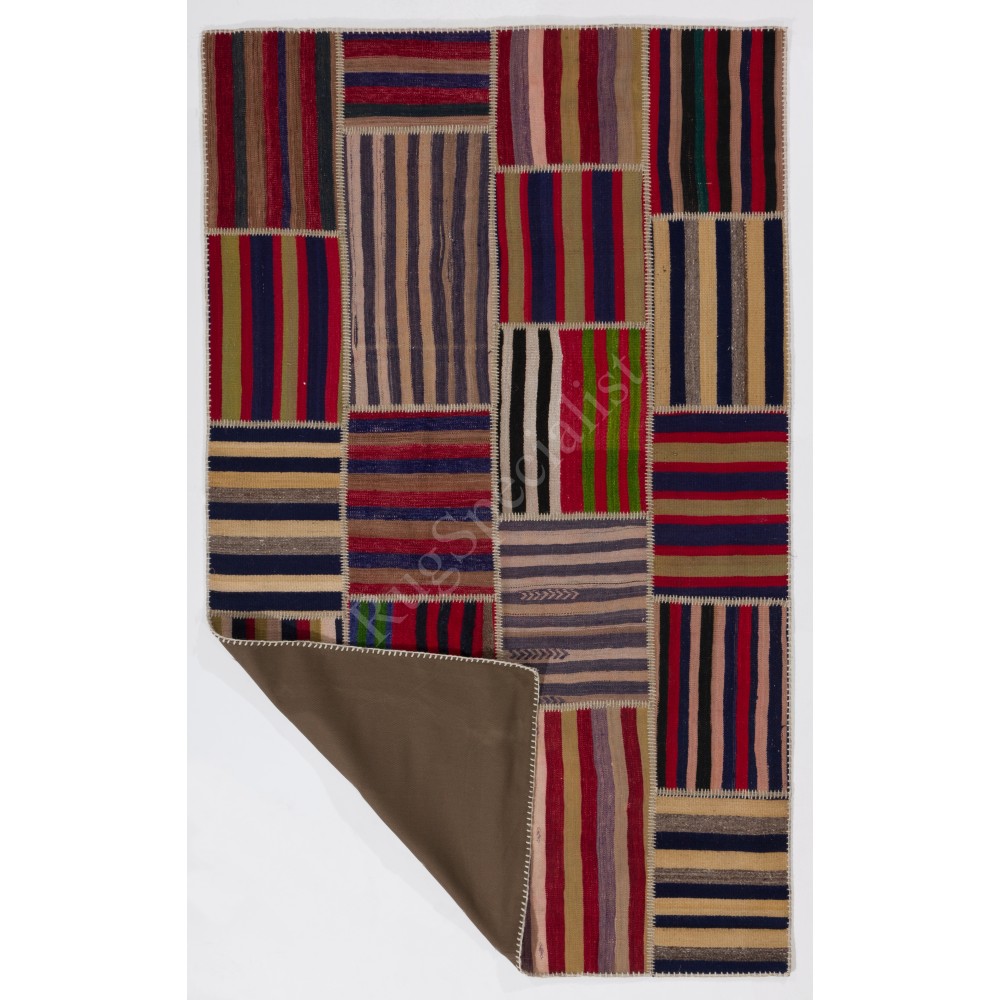 Handmade Striped Turkish Patchwork Rug Made from Vintage Wool Kilims Handmade Striped Turkish Patchwork Rug Made from Vintage Wool Kilims