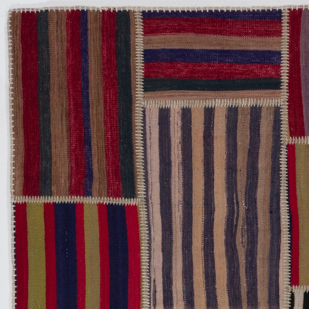 Handmade Striped Turkish Patchwork Rug Made from Vintage Wool Kilims Handmade Striped Turkish Patchwork Rug Made from Vintage Wool Kilims