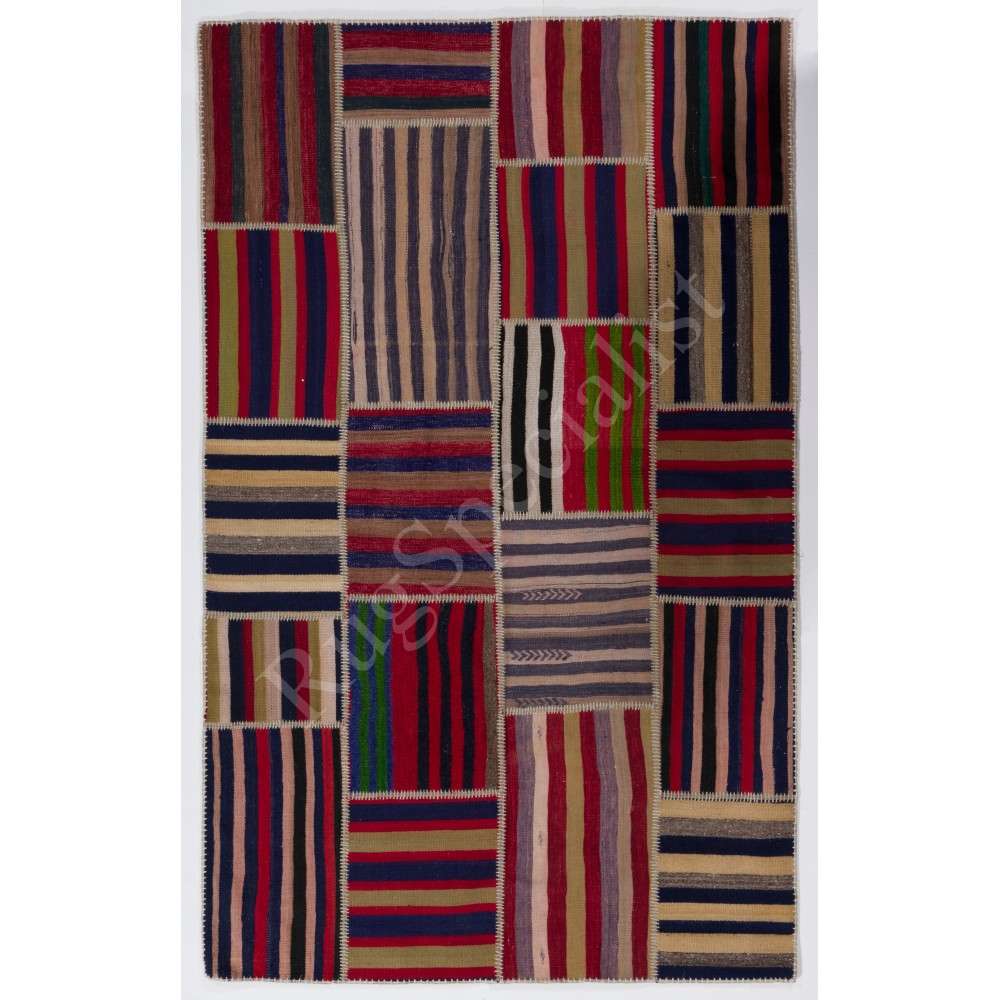 Handmade Striped Turkish Patchwork Rug Made from Vintage Wool Kilims Handmade Striped Turkish Patchwork Rug Made from Vintage Wool Kilims