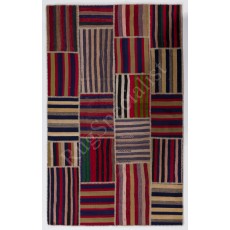 Handmade Striped Turkish Patchwork Rug Made from Vintage Wool Kilims