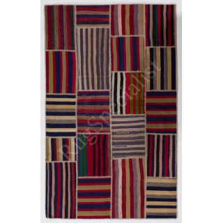 Handmade Striped Turkish Patchwork Rug Made from Vintage Wool Kilims