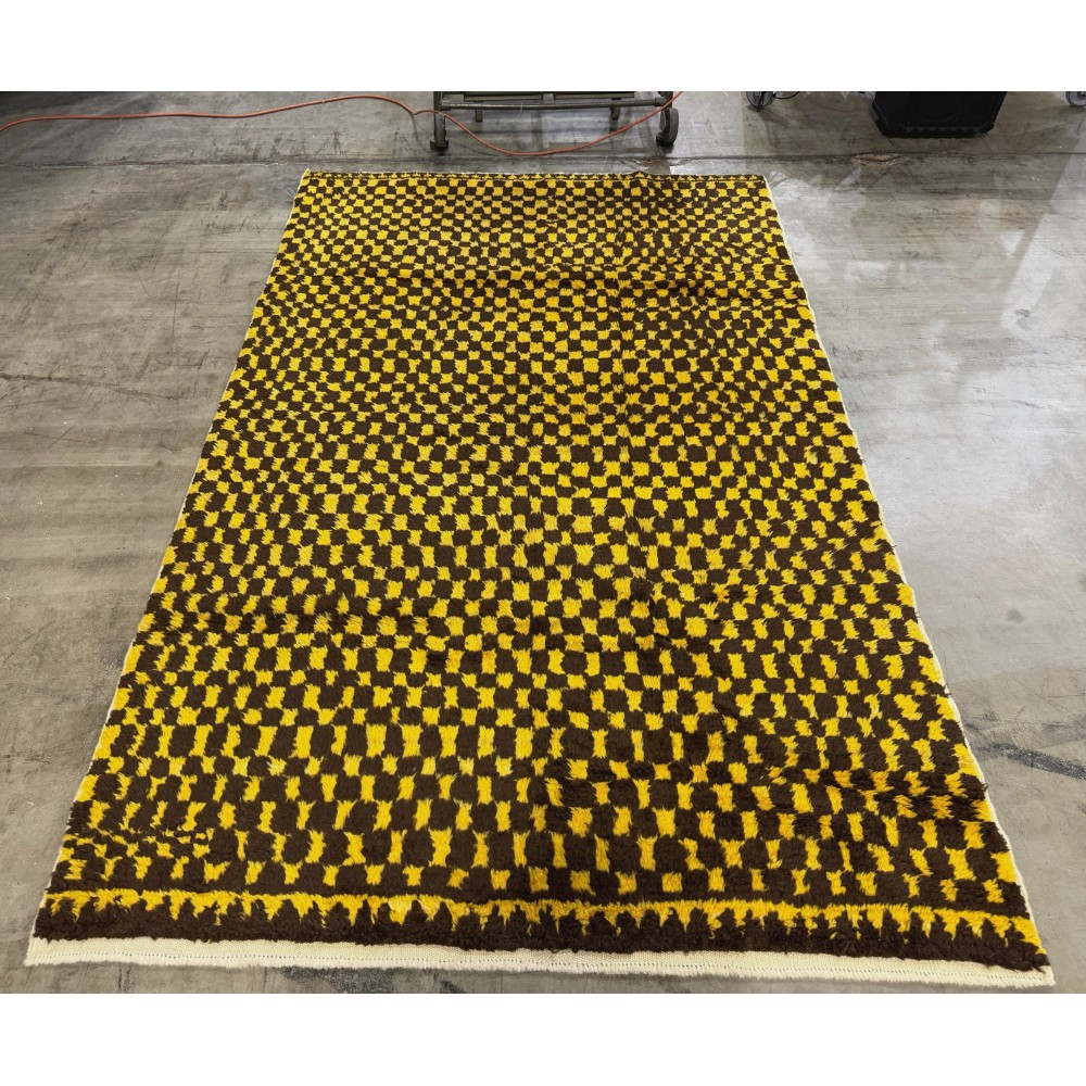 Hand-Knotted Checkered Tulu Rug. 100% Wool. Brown & Mustard Yellow Carpet. Custom Options Available Hand-Knotted Checkered Tulu Rug. 100% Wool. Brown & Mustard Yellow Carpet. Custom Options Available