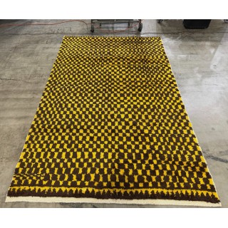 Hand-Knotted Checkered Tulu Rug. 100% Wool. Brown & Mustard Yellow Carpet. Custom Options Available