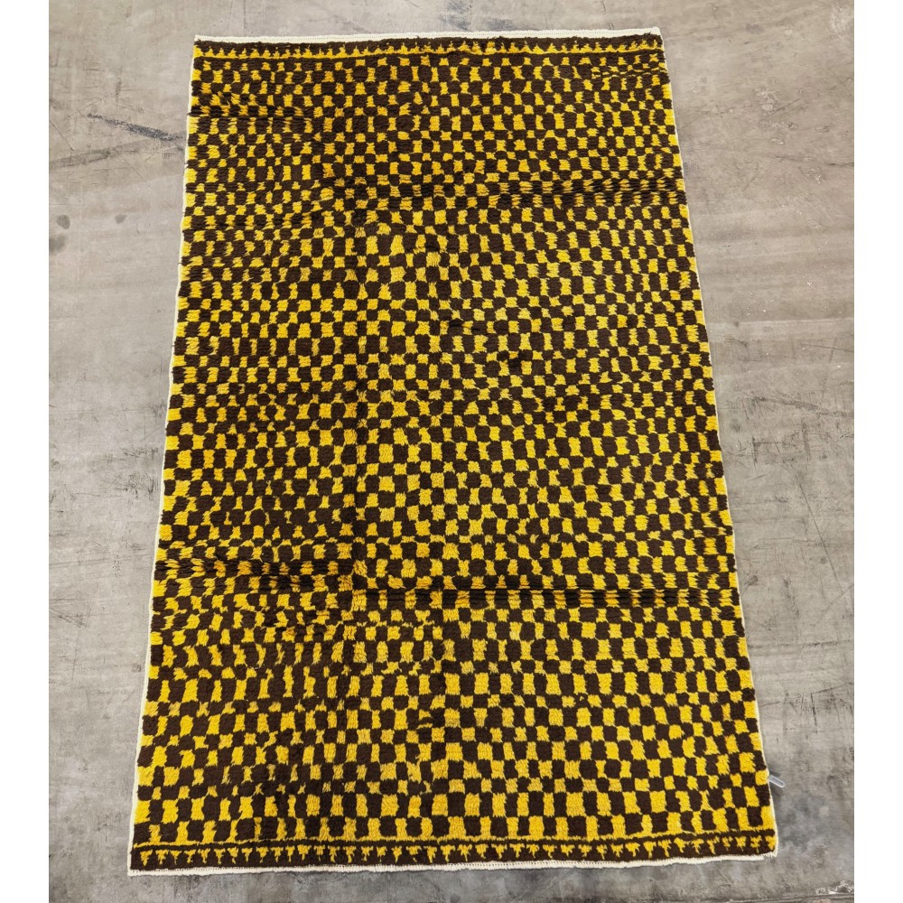 Hand-Knotted Checkered Tulu Rug. 100% Wool. Brown & Mustard Yellow Carpet. Custom Options Available Hand-Knotted Checkered Tulu Rug. 100% Wool. Brown & Mustard Yellow Carpet. Custom Options Available