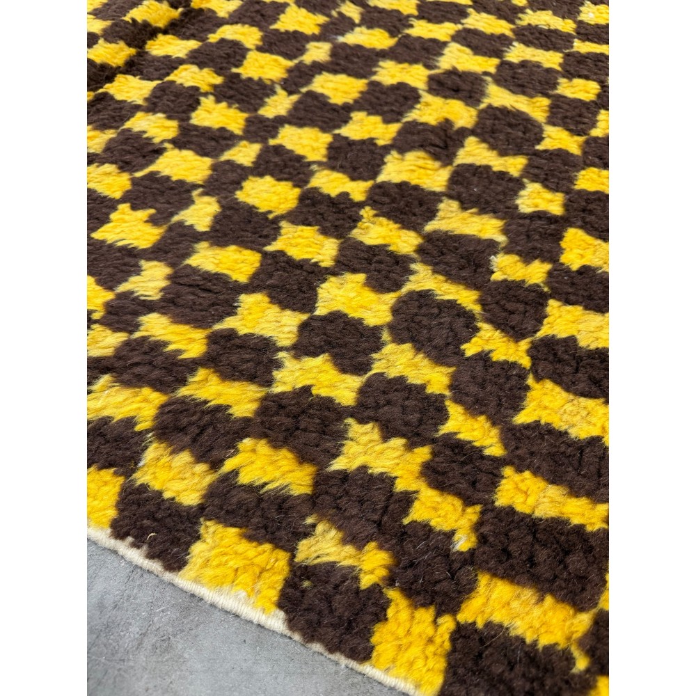 Hand-Knotted Checkered Tulu Rug. 100% Wool. Brown & Mustard Yellow Carpet. Custom Options Available Hand-Knotted Checkered Tulu Rug. 100% Wool. Brown & Mustard Yellow Carpet. Custom Options Available