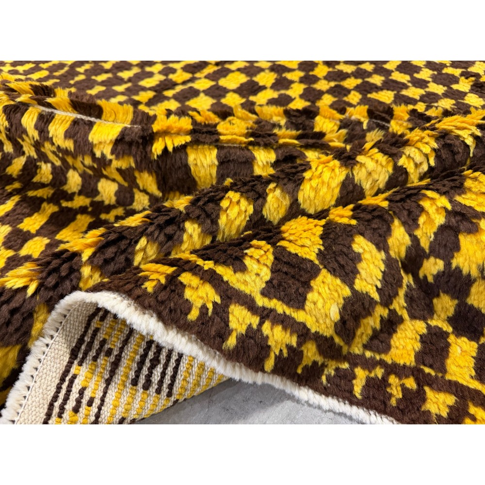 Hand-Knotted Checkered Tulu Rug. 100% Wool. Brown & Mustard Yellow Carpet. Custom Options Available Hand-Knotted Checkered Tulu Rug. 100% Wool. Brown & Mustard Yellow Carpet. Custom Options Available