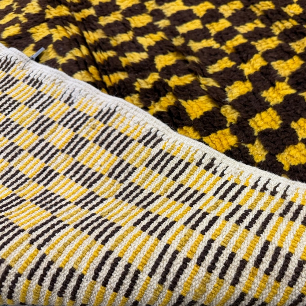Hand-Knotted Checkered Tulu Rug. 100% Wool. Brown & Mustard Yellow Carpet. Custom Options Available Hand-Knotted Checkered Tulu Rug. 100% Wool. Brown & Mustard Yellow Carpet. Custom Options Available