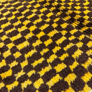 Hand-Knotted Checkered Tulu Rug. 100% Wool. Brown & Mustard Yellow Carpet. Custom Options Available