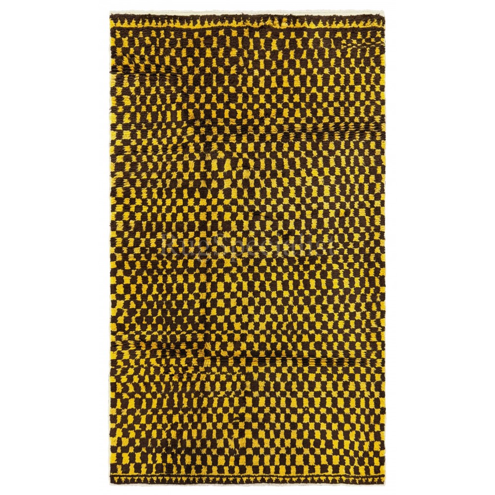 Hand-Knotted Checkered Tulu Rug. 100% Wool. Brown & Mustard Yellow Carpet. Custom Options Available Hand-Knotted Checkered Tulu Rug. 100% Wool. Brown & Mustard Yellow Carpet. Custom Options Available