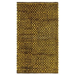 Hand-Knotted Checkered Tulu Rug. 100% Wool. Brown & Mustard Yellow Carpet. Custom Options Available