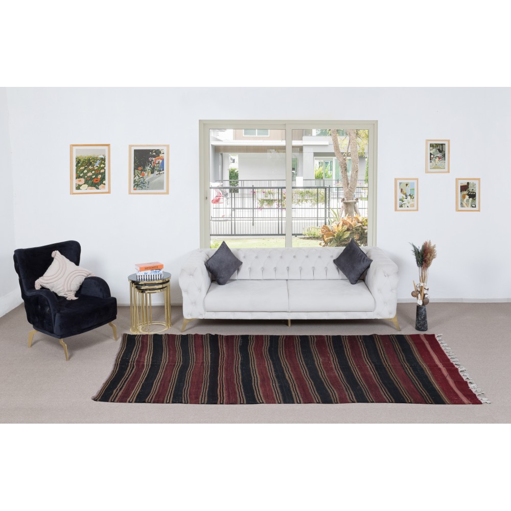 Handwoven Striped Turkish Runner Kilim in Black and Burgundy Red, Flatweave Vintage Corridor Rug Handwoven Striped Turkish Runner Kilim in Black and Burgundy Red, Flatweave Vintage Corridor Rug