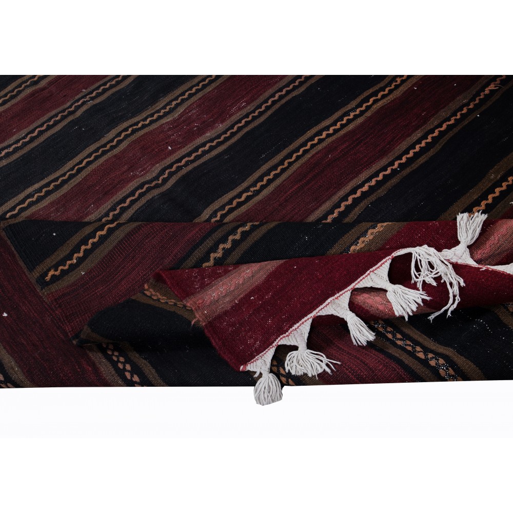 Handwoven Striped Turkish Runner Kilim in Black and Burgundy Red, Flatweave Vintage Corridor Rug Handwoven Striped Turkish Runner Kilim in Black and Burgundy Red, Flatweave Vintage Corridor Rug