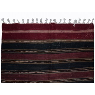 Handwoven Striped Turkish Runner Kilim in Black and Burgundy Red, Flatweave Vintage Corridor Rug