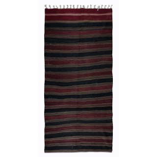 Handwoven Striped Turkish Runner Kilim in Black and Burgundy Red, Flatweave Vintage Corridor Rug