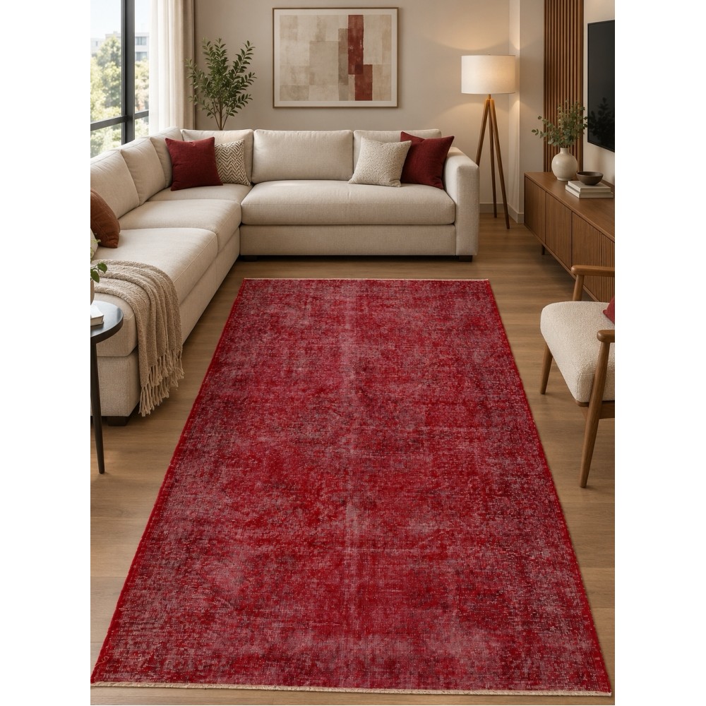 Distressed Vintage Hand-Knotted Turkish Area Rug Redyed in Red for Living Room Distressed Vintage Hand-Knotted Turkish Area Rug Redyed in Red for Living Room