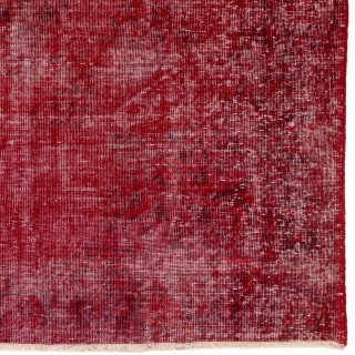 Distressed Vintage Hand-Knotted Turkish Area Rug Redyed in Red for Living Room