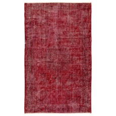 Distressed Vintage Hand-Knotted Turkish Area Rug Redyed in Red for Living Room