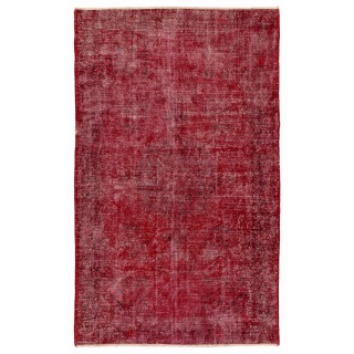 Distressed Vintage Hand-Knotted Turkish Area Rug Redyed in Red for Living Room