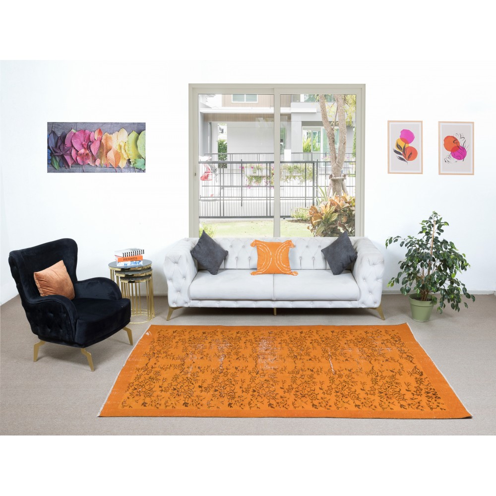 Vintage Hand-knotted Floral Design Turkish Wool Area Rug Overdyed in Orange for Living Room Vintage Hand-knotted Floral Design Turkish Wool Area Rug Overdyed in Orange for Living Room