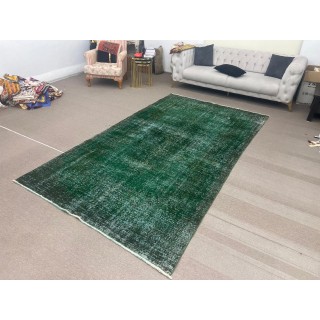 Vintage Hand-knotted Turkish Wool Area Rug Overdyed in Dark Green for Living Room