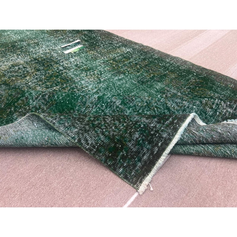 Vintage Hand-knotted Turkish Wool Area Rug Overdyed in Dark Green for Living Room