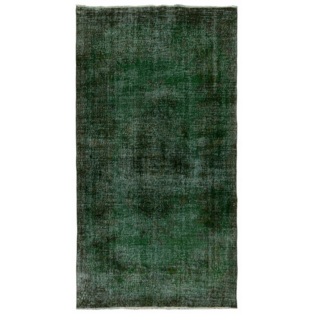 Vintage Hand-knotted Turkish Wool Area Rug Overdyed in Dark Green for Living Room