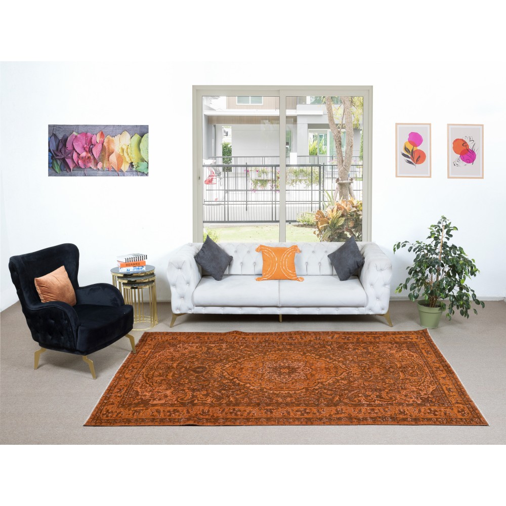 Vintage Hand-knotted Medallion Design Turkish Wool Area Rug Overdyed in Orange for Living Room