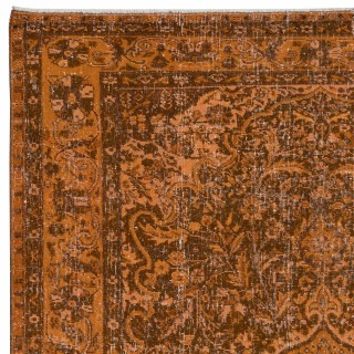 Vintage Hand-knotted Medallion Design Turkish Wool Area Rug Overdyed in Orange for Living Room