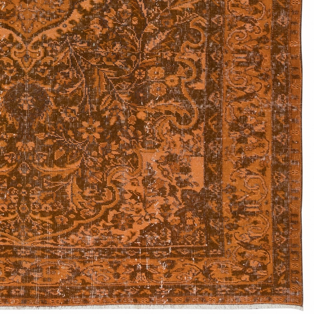 Vintage Hand-knotted Medallion Design Turkish Wool Area Rug Overdyed in Orange for Living Room