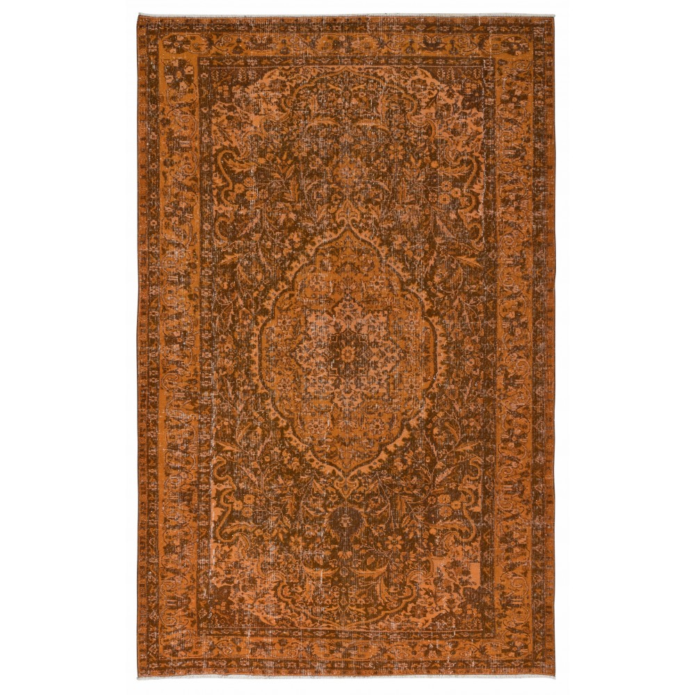 Vintage Hand-knotted Medallion Design Turkish Wool Area Rug Overdyed in Orange for Living Room