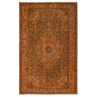 Vintage Hand-knotted Medallion Design Turkish Wool Area Rug Overdyed in Orange for Living Room