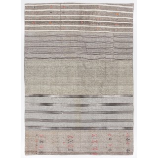 Vintage Gray Kilim Rug. Handwoven Cotton & Goat Hair, Oversize Turkish Flat-Weave Carpet