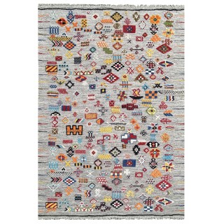 Multicolored Handknotted 100% Wool Rug. Gray Geometric Carpet. Handwoven Tribal Kilim