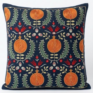 Silk Embroidered Pomegranate Design Cushion Cover. Navy Blue Throw Pillow Case. Traditional Accent Pillow