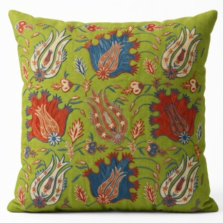 Silk Embroidered Floral Cushion Cover. Green Pillow Cover. Uzbek Suzani Throw Pillow. Traditional Accent Pillow