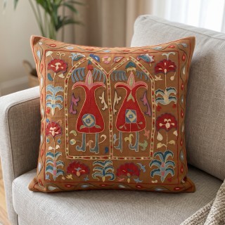 Silk Embroidered Brown Cushion Cover. Suzani Textile Pillowcase. Traditional Folk Accent Pillow Silk Embroidered Brown Cushion Cover. Suzani Textile Pillowcase. Traditional Folk Accent Pillow
