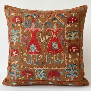 Silk Embroidered Brown Cushion Cover. Suzani Textile Pillowcase. Traditional Folk Accent Pillow