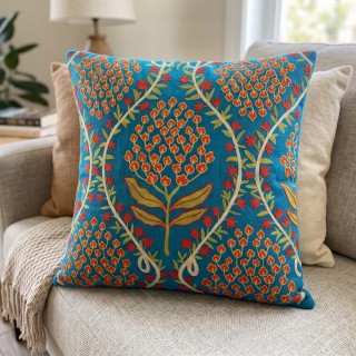 Silk Embroidered Floral Cushion Cover. Blue Throw Pillow Case. Traditional Uzbek Accent Pillow. Silk Embroidered Floral Cushion Cover. Blue Throw Pillow Case. Traditional Uzbek Accent Pillow.