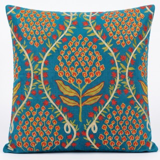 Silk Embroidered Floral Cushion Cover. Blue Throw Pillow Case. Traditional Uzbek Accent Pillow.