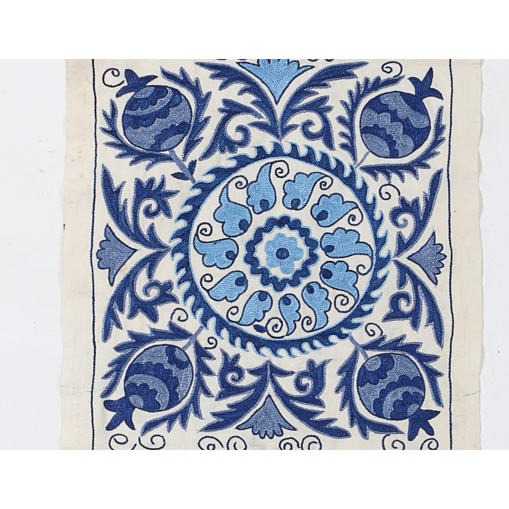 Silk Embroidery Wall Hanging. Cream and Blue Suzani Fabric Table Runner Silk Embroidery Wall Hanging. Cream and Blue Suzani Fabric Table Runner