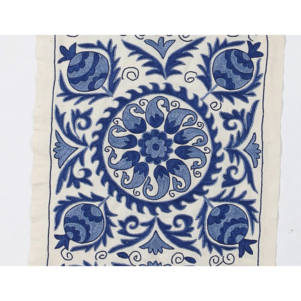 Silk Embroidery Wall Hanging. Cream and Blue Suzani Fabric Table Runner Silk Embroidery Wall Hanging. Cream and Blue Suzani Fabric Table Runner