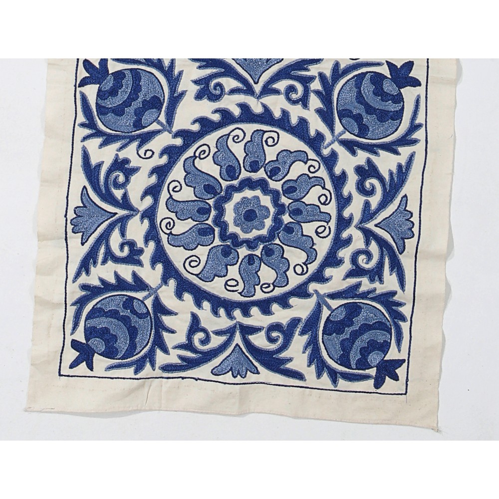 Silk Embroidery Wall Hanging. Cream and Blue Suzani Fabric Table Runner Silk Embroidery Wall Hanging. Cream and Blue Suzani Fabric Table Runner