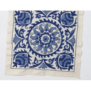 Silk Embroidery Wall Hanging. Cream and Blue Suzani Fabric Table Runner